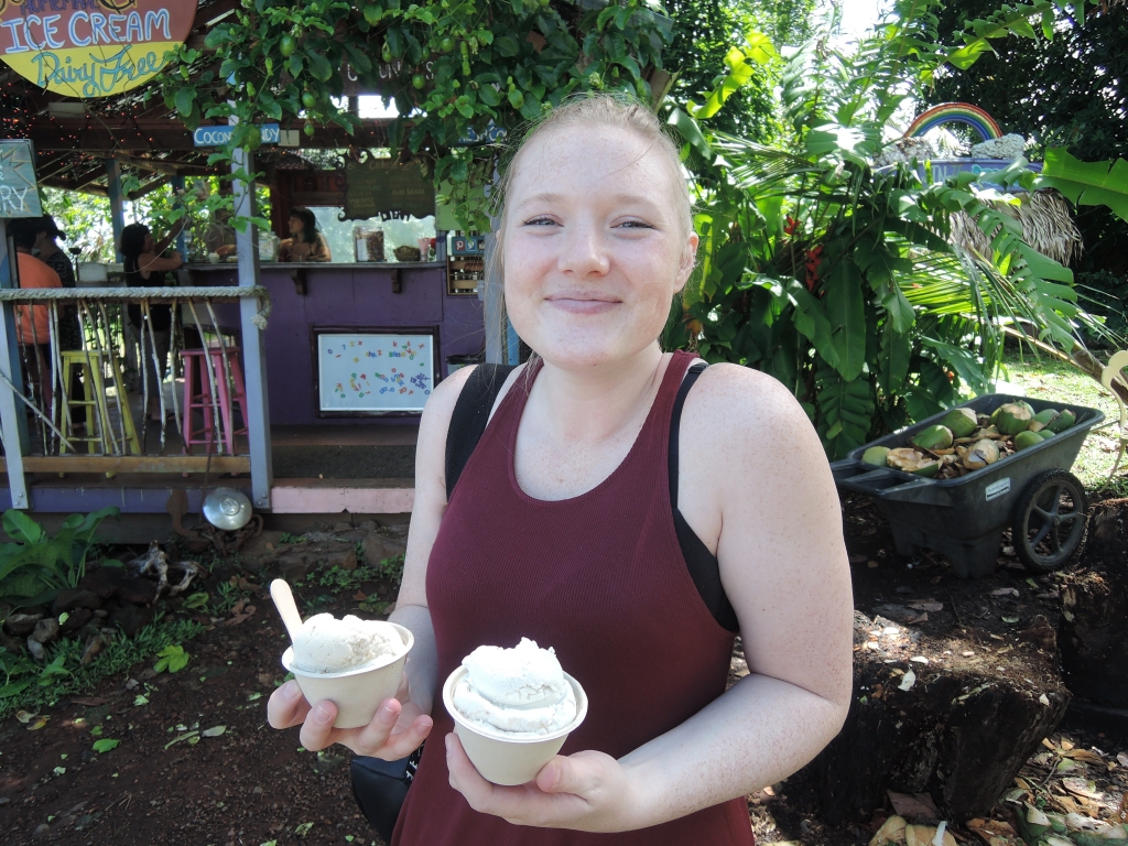 2016:05:26 Maui Hawaii Road to Hana Coconut Glen's Ice Creams Lilikoi Chocolate Pineapple and Banana Jackfruit Amanda