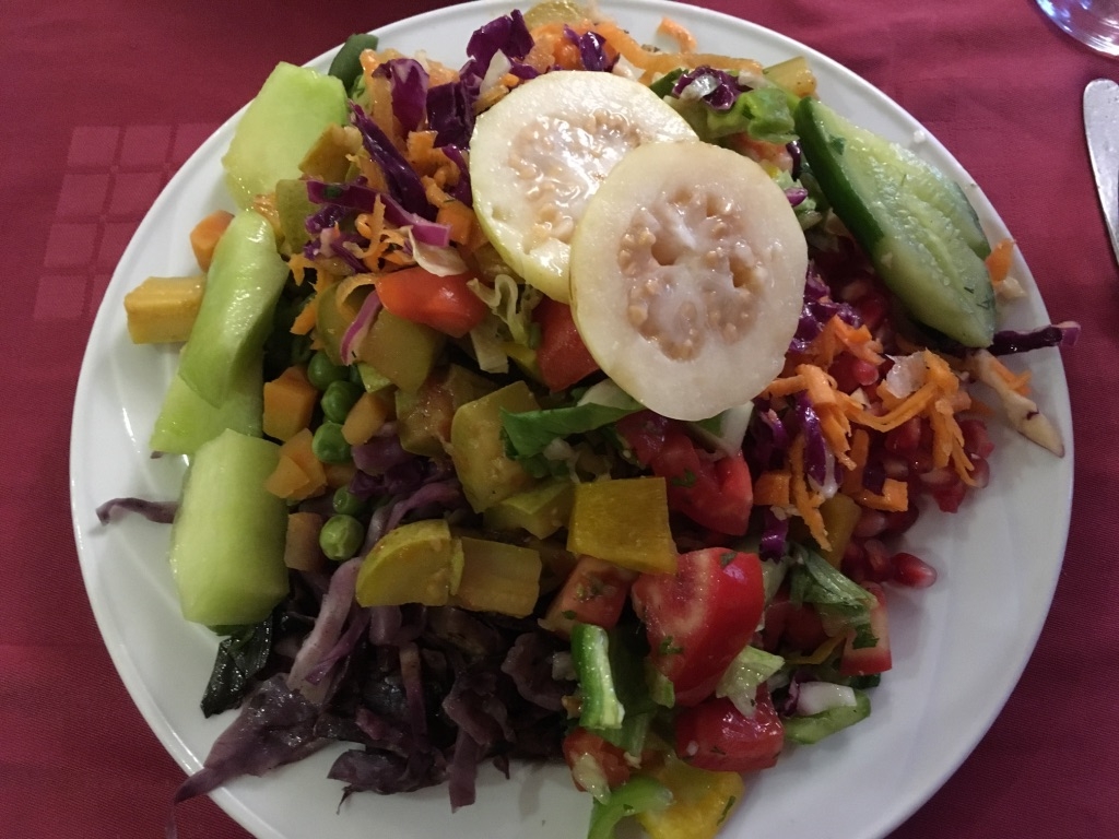 A lunch example of vegan options on a cruise-fruit, salad, beans