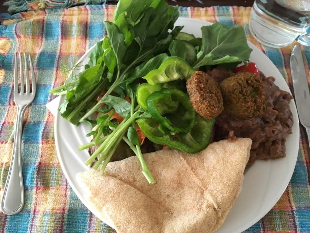 A dinner lunch example on a cruise with falafel, beans, salad, bread