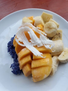 Mango sticky rice with banana and coconut