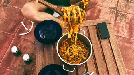 Pasta dish served on a rooftop in Greece